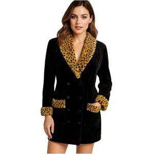 1990s Richard & Company Black Velvet Smoking Jacket Small Leopard Faux Fur Trim